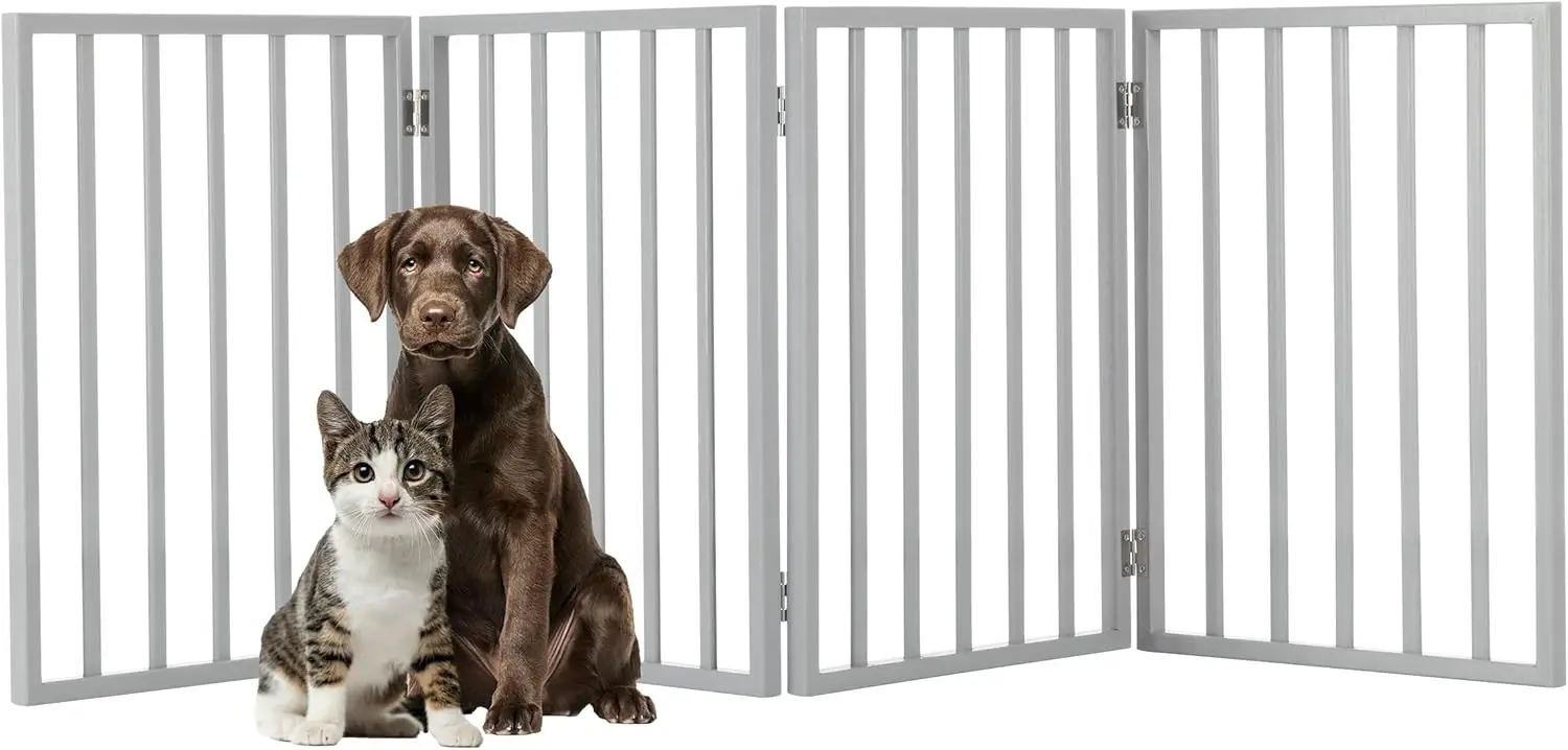 

Foldable 4-Panel Pet Gate for Stairs, Hallways, Doorways - 72x24-Inch Freestanding Wood Fence