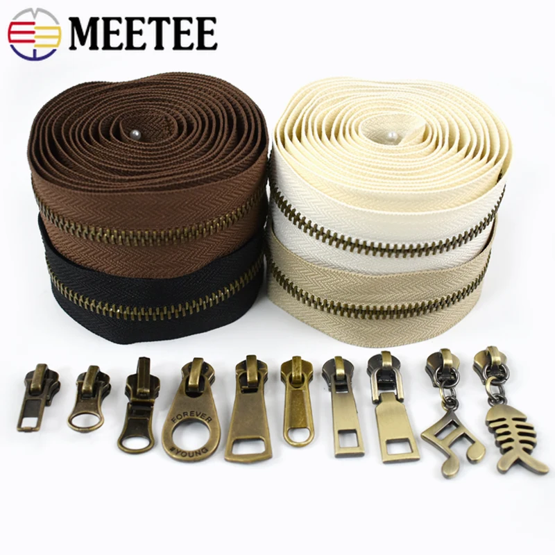 

2/5M Meetee 5# Metal Zippers with Slider Bronze Zips Coil Bag Wallet Decor Closure Zipper Repair Kit Clothes Sewing Accessories