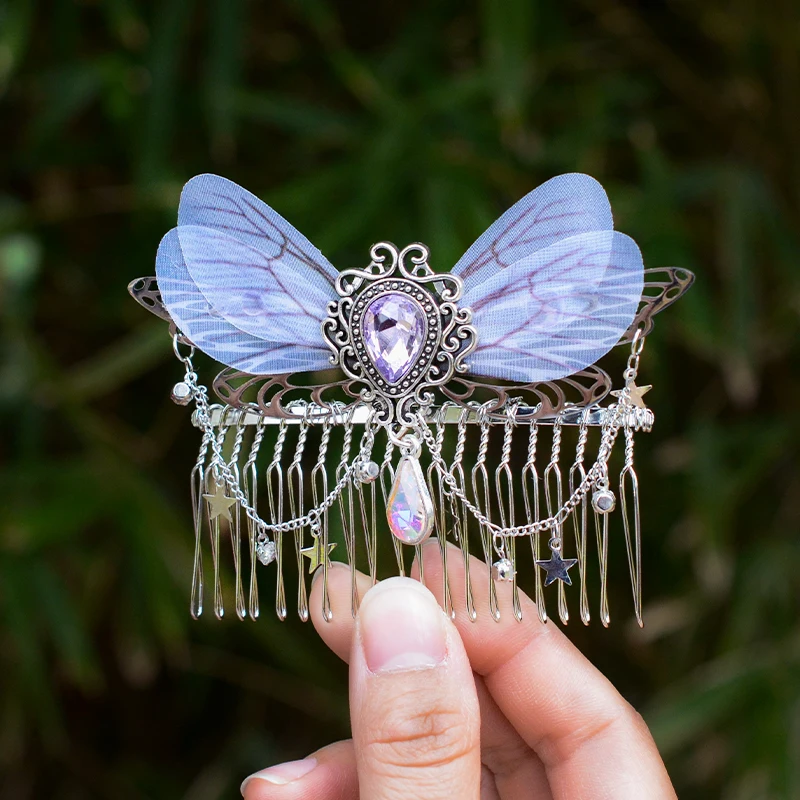 Witch Crystal Butterfly Wings nappe Haircomb Fairy Hairclip per le donne