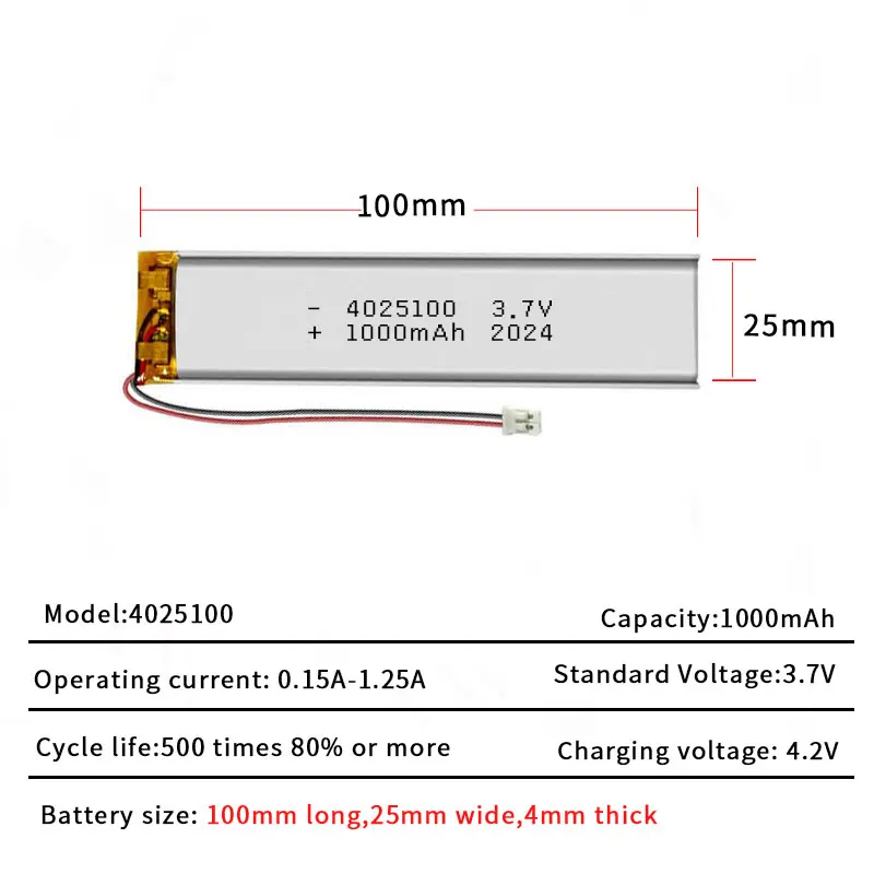 4025100 3.7V 1000mAh bateria litowo-polimerowa do Bluetooth rejestrator rozmów e-book inteligentne baterie awaryjne światło LED do mebli