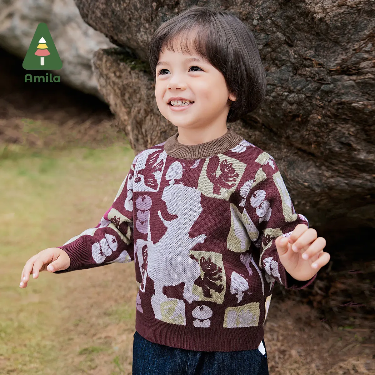 Amila Baby Sweater 2024 Autumn New Boys And Girls Cartoon Round Neck Animal Plant Soft Breathable Full Print Children‘s Pullover