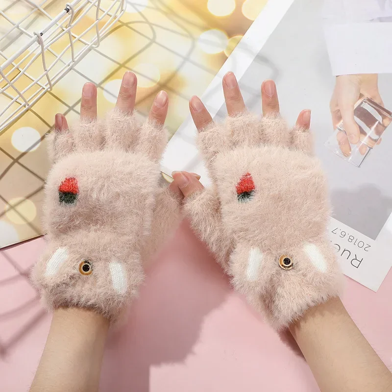 Warm Gloves Female Winter Half Finger Cartoon Plush Autumn and Winter Fleece Thick Work Gloves Wholesale Kawaii Rabbit Mittens