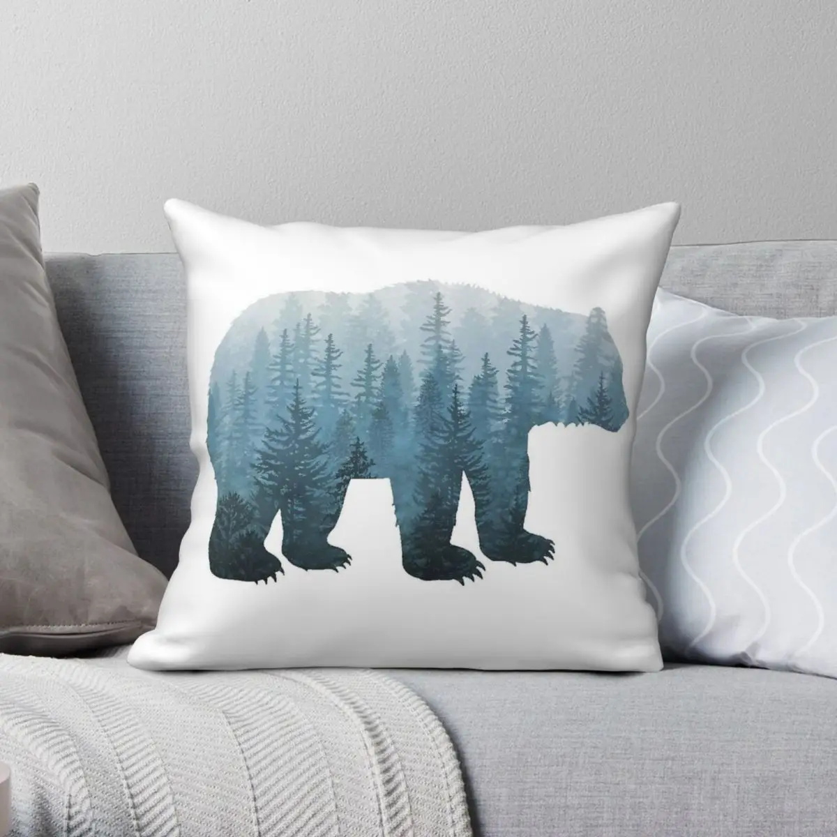 Misty Forest Bear Turquoise Square Pillowcase Polyester Linen Velvet Pattern Decorative Pillow Case Seater Cushion Cover 45x45