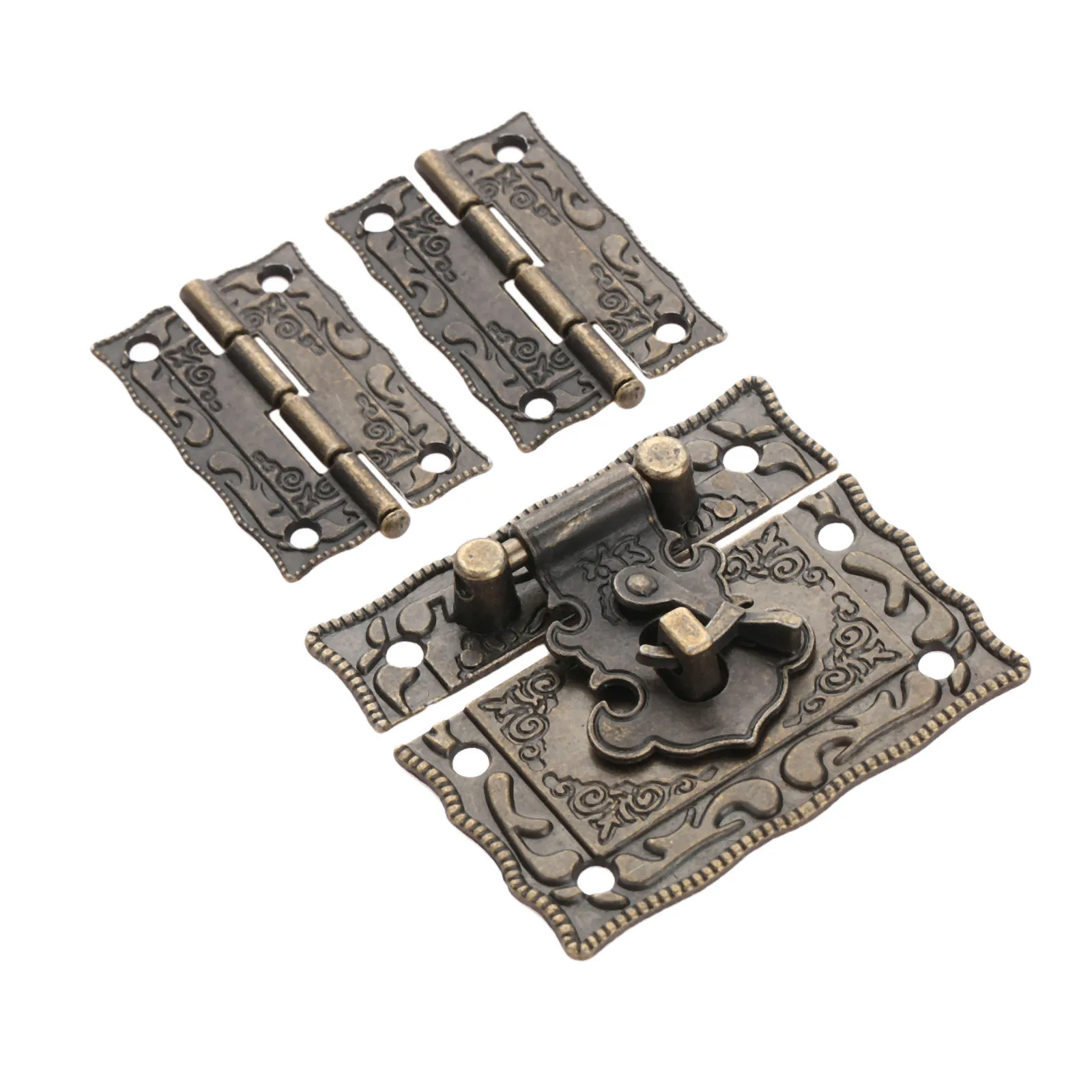 Antique Bronze Padlock Lock Jewelry Wood Box Latch Hasp Clasp +2pcs Suitcase Cabinet Hinge Vintage Furniture Decorative Hardware