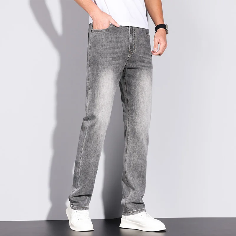 Spring Summer Thin Men's Jeans Cotton Elastic Straight Business Work Casual Trousers Comfortable High Waist Washed Denim Pants