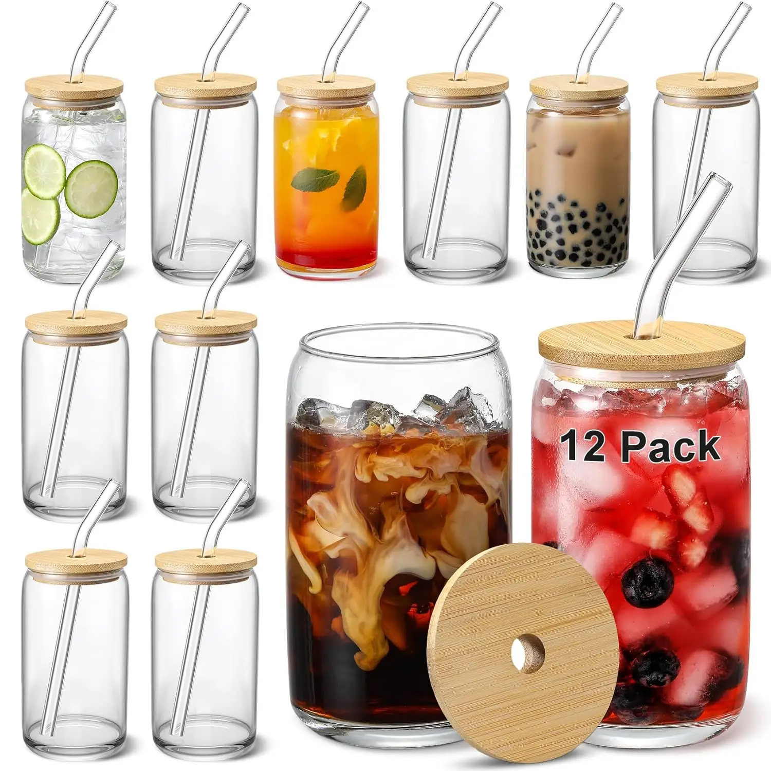 

[ 12pcs Set ] Glass Cups with Bamboo Lids and Glass Straw - Beer Shaped Drinking Glasses, 16 oz Iced Coffee Glasses, Cute Tumble