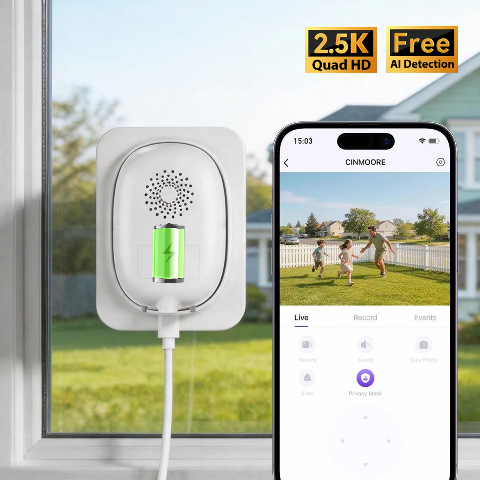 CINMOORE 2.5K Window Security Camera Anti-Glare No Drill Free AI Detection 5000mAh Wired Battery Indoor Outdoor Face Recognition 24/7 Recording