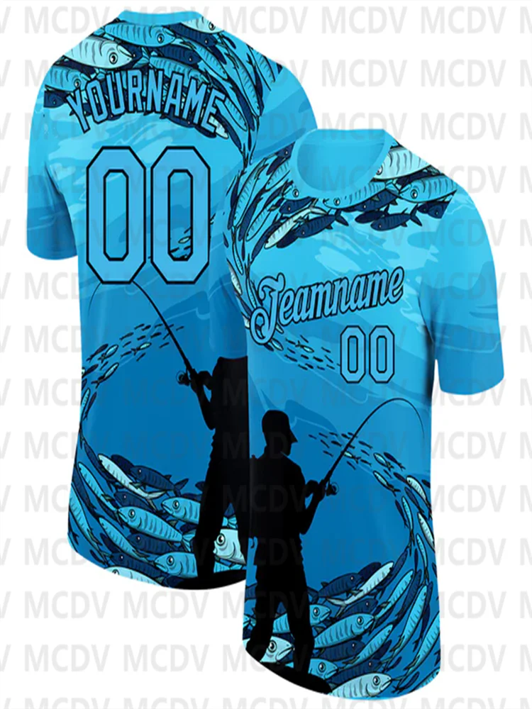 

Custom Sky Blue Black 3D Pattern Design Fishing Performance T-Shirt