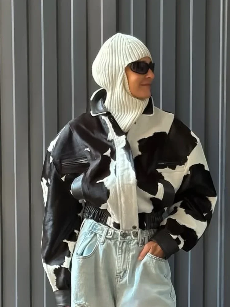 Kráva vzorovaná stojáček krátká bunda ženy módní elegantní zip volné bundy dáma nová podzimní ležérní dojíždění streetwear - náhled 2