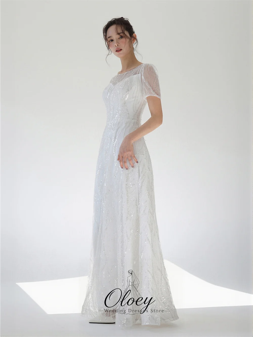 OLOEY Elegant Round Neck Short Sleeve Korea Wedding Dress Photo Shoot Tulle Sequin A-Line Customized Bridal Gown Lawn Wedding