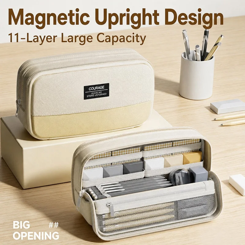 Magnetic Standable Pencil Case 11 Compartments Large Capacity Pencil Cases Simple Student Pencil Pouch Stationery Storage Bag