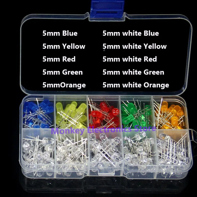 200 Stuks 5Mm Led Diode Kralen Set Box Wit/Blauw Geel Rood Groen Oranje Haar Blauw Geel Rood Groen Oranje Oranje Ronde Hoofd Dip