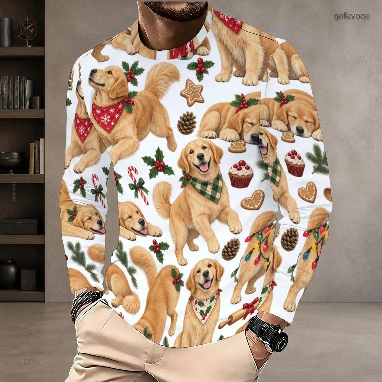 Men All Over Printed Round Neck Long Sleeve T-Shirt, Golden Retriever Christmas Pattern