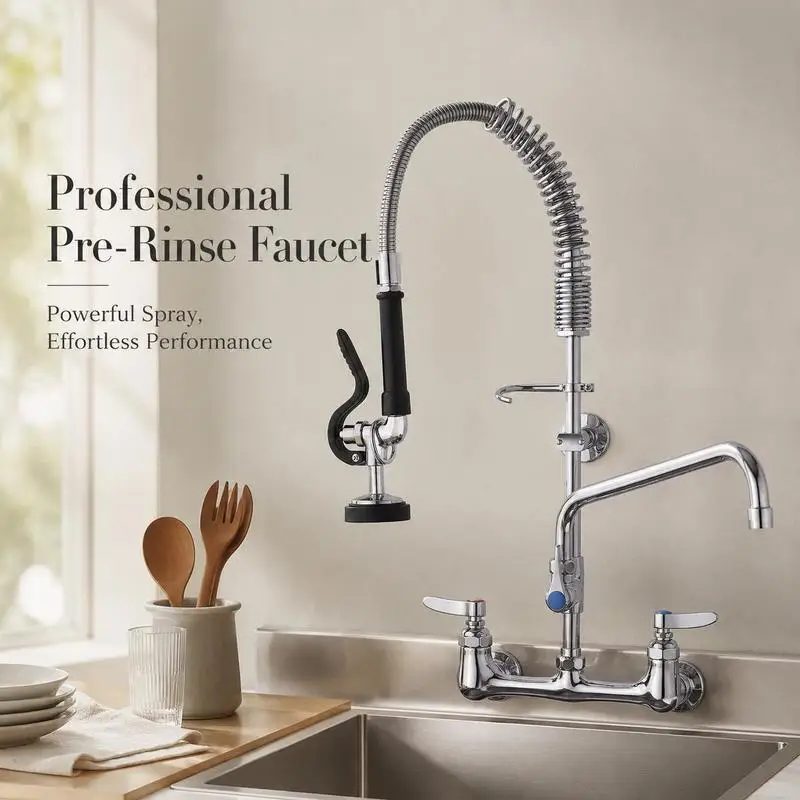 

Commercial faucet with pre-rinse spray, 63 cm high, 305 mm swivel spout, wall-mounted kitchen sink faucet, brass construction with pull-out spray, for 1/2/3-basin sinks