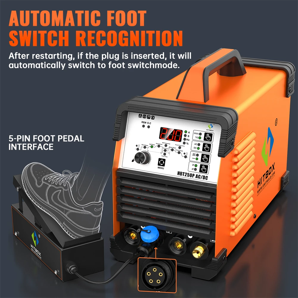 HITBOX 220V 200A 6 in 1 HF TIG Welder HBT250P AC/DC Aluminum Welding Machine MMA ARC Argon Precise Digital Pulse Stainless Welder 2T/4T Support Foot Pedal - view 6