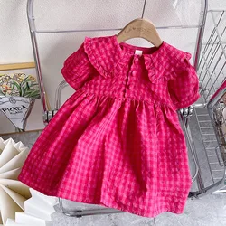 Summer Girl Doll Collar Bubble Sleeve Short Sleeve Dress Baby Girl Dragon Fruit Rose Red Plaid Princess Dress For 3-8Y