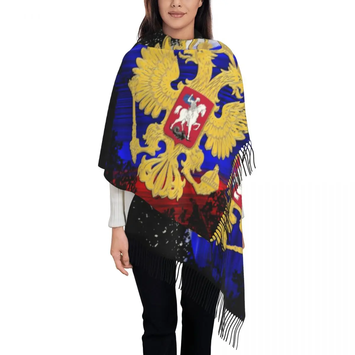 Lady Long Russian Eagle Coat Of Arms Scarves Women Winter Fall Soft Warm Tassel Shawl Wraps Russia Flag Scarf