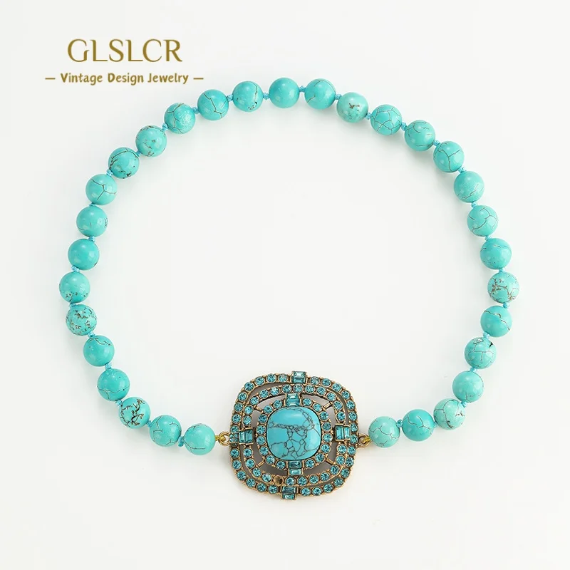 

Vintage Blue Turquoise Necklace For Women Square Rhinestone Beaded Chain Luxury Designer Jewelry Charms Birthday Magnet Lock