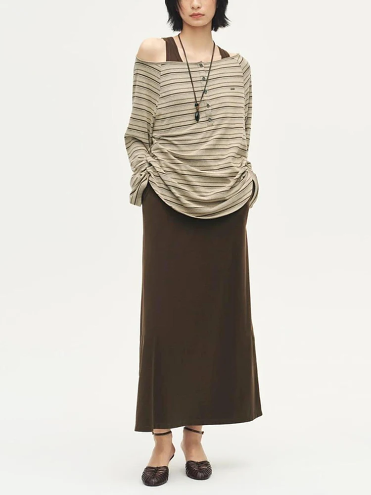 Herfst 2025, nieuwe stijl gestreepte T-shirtjurk met lange mouwen, tweedelige set losse, casual lange jurk voor dames