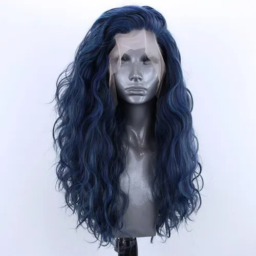 Imagen 1 del producto Peluca azul claro, peluca con malla frontal sintética, pelucas de encaje rizadas largas y sueltas, peluca de pelo sintético sin pegamento, peluca de Cosplay azul