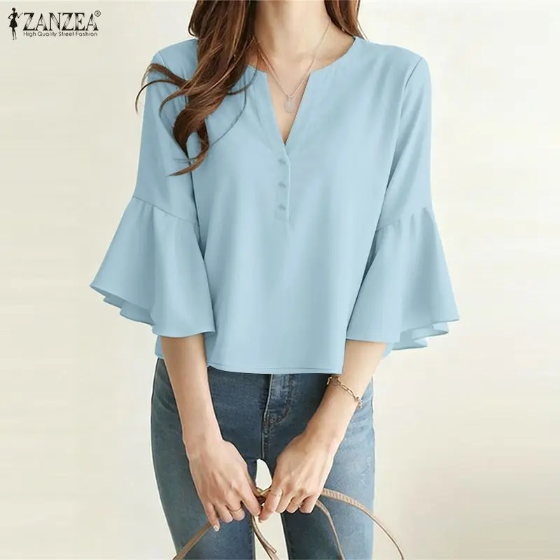 

2026 Summer Women Tops ZANZEA Elegant Solid OL Work Shirt Stylish V Neck Short Sleeve Blouse Casual Button Up Blusas Mujer Femme