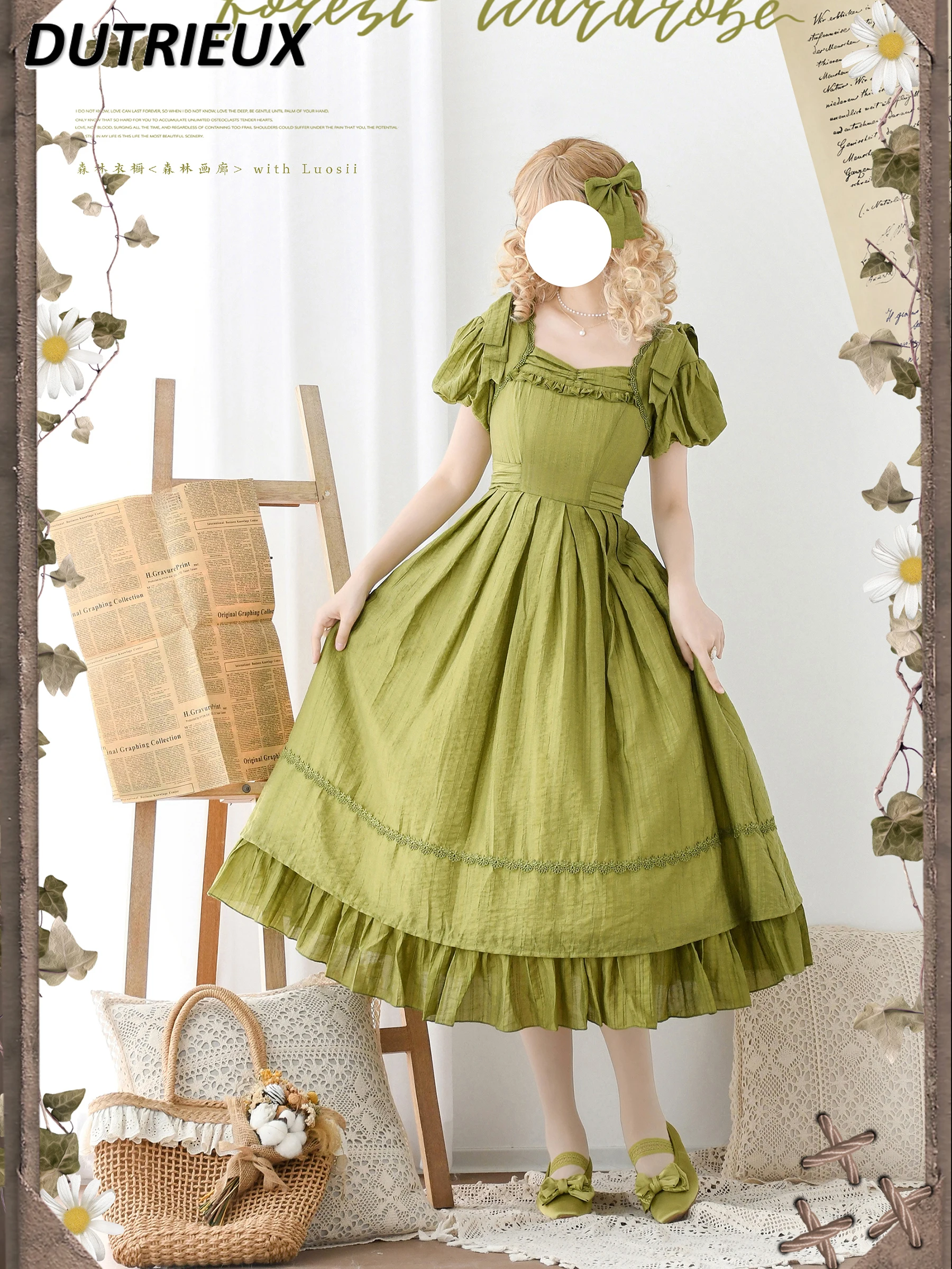 Japanese Original Retro Pastoral Elegant Summer Short-sleeved Dress Sweet Girls Square Neck High Waist Long Solid Color Dresses