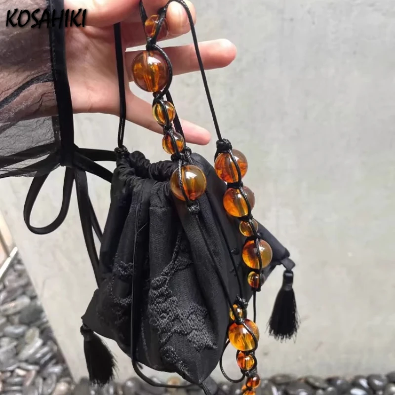 

Y2k Vintage Beading Tassel Mini Handbags Women Purses Fashion Jacquard Top-Handle Bag Drawstring Pleated Shoulder Crossbody Bags