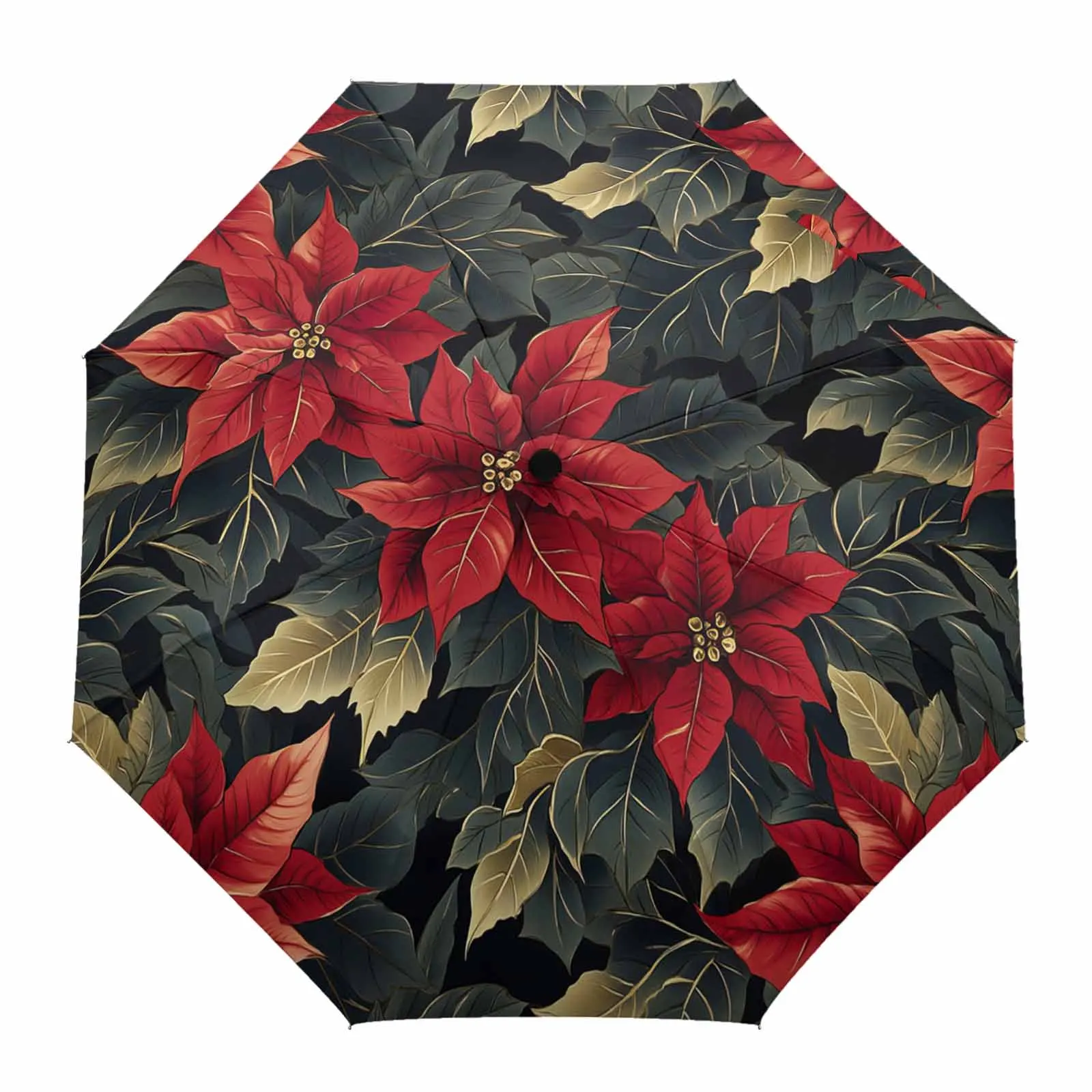 Flowers Christmas Flowers Poinsettia Flower Automatic Umbrella for Rain Foldable Parasol Umbrella Eight strand Outdoor Umbrellas