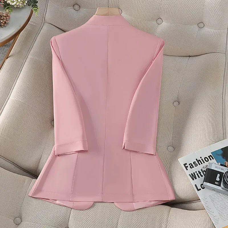 팝 봄 여름 여성 블레이저 솔리드 칼라리스 싱글 버튼 7부 소매 정장 재킷 숙녀 전문 오피스 정장