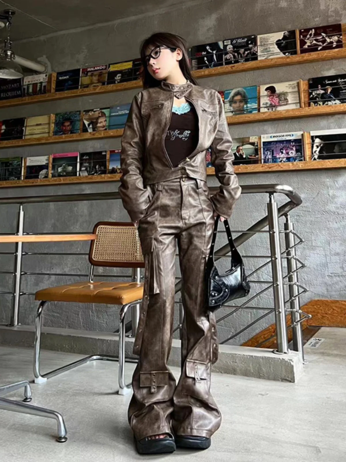 American Retro Explosive Street Work Clothes Micro La PU Leather Pants Spicy Girl Fashion Versatile Leg Revealing Long Pants