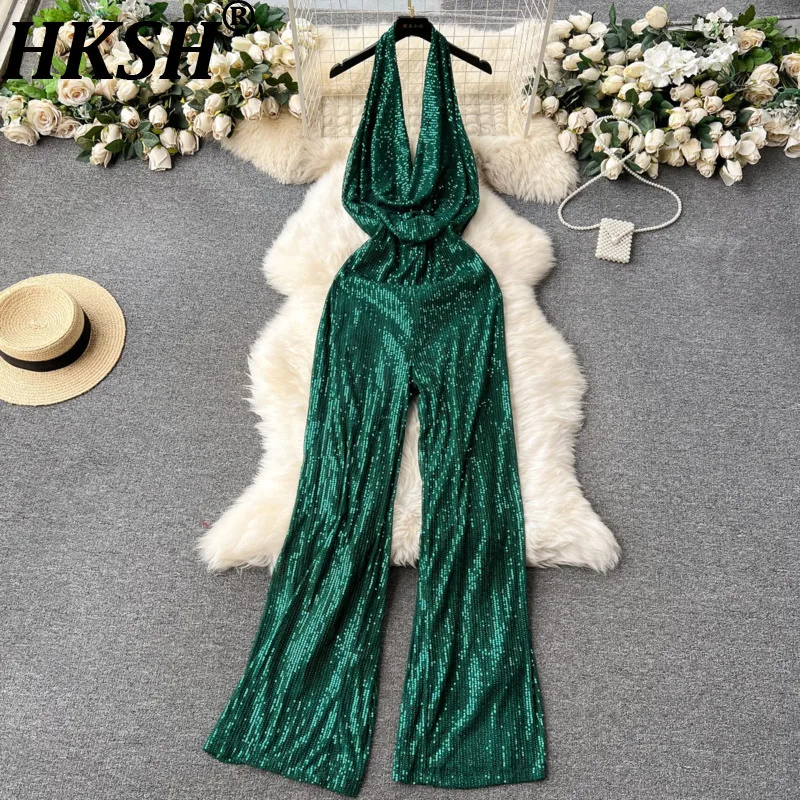 

Женский комбинезон HKSH с пайетками, роскошный, высококачественный, с вырезом халтер, без спинки, с открытыми плечами, без рукавов, с утяжкой на талии, шикарные брюки HK21044