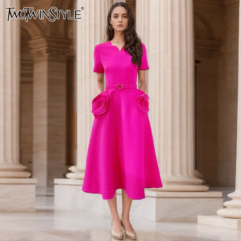 TWOTWINSTYLE Effen Elegante Gesplitste Applicaties Jurk Voor Vrouwen Ronde Hals Korte Mouw Hoge Taille Chic Jurken Vrouwelijke KDR 509698