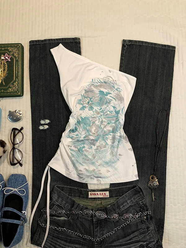 

Оригинальный белый жилет на одно плечо, женская летняя винтажная футболка с открытым верхом из смеси хлопка, облегающий крой для поездок на работу