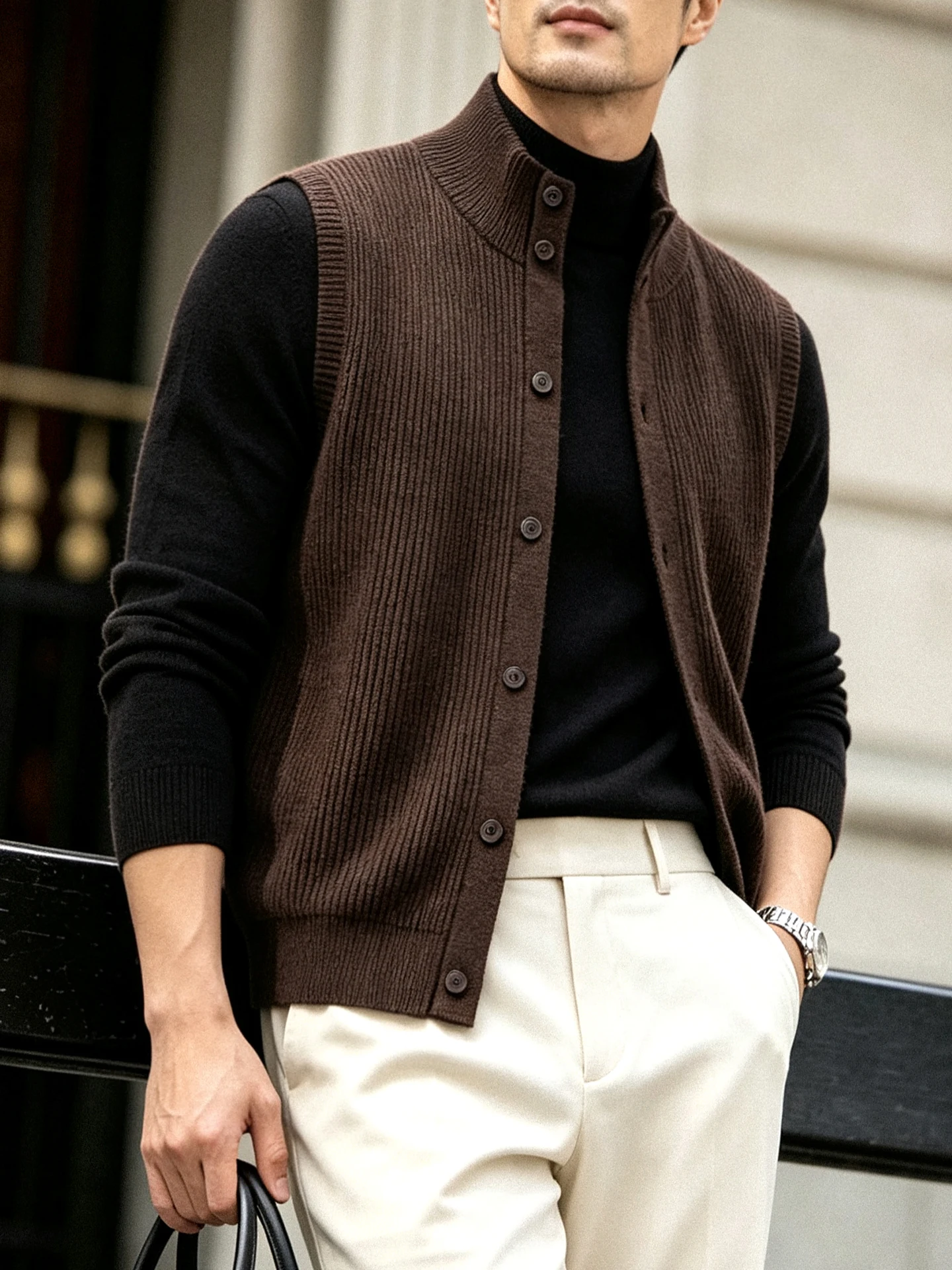 Men's Khaki Half-High Collar Knitted Vest Commute Layering Open Cardigan Sweater Spring Autumn Versatile Stand Collar Sweater