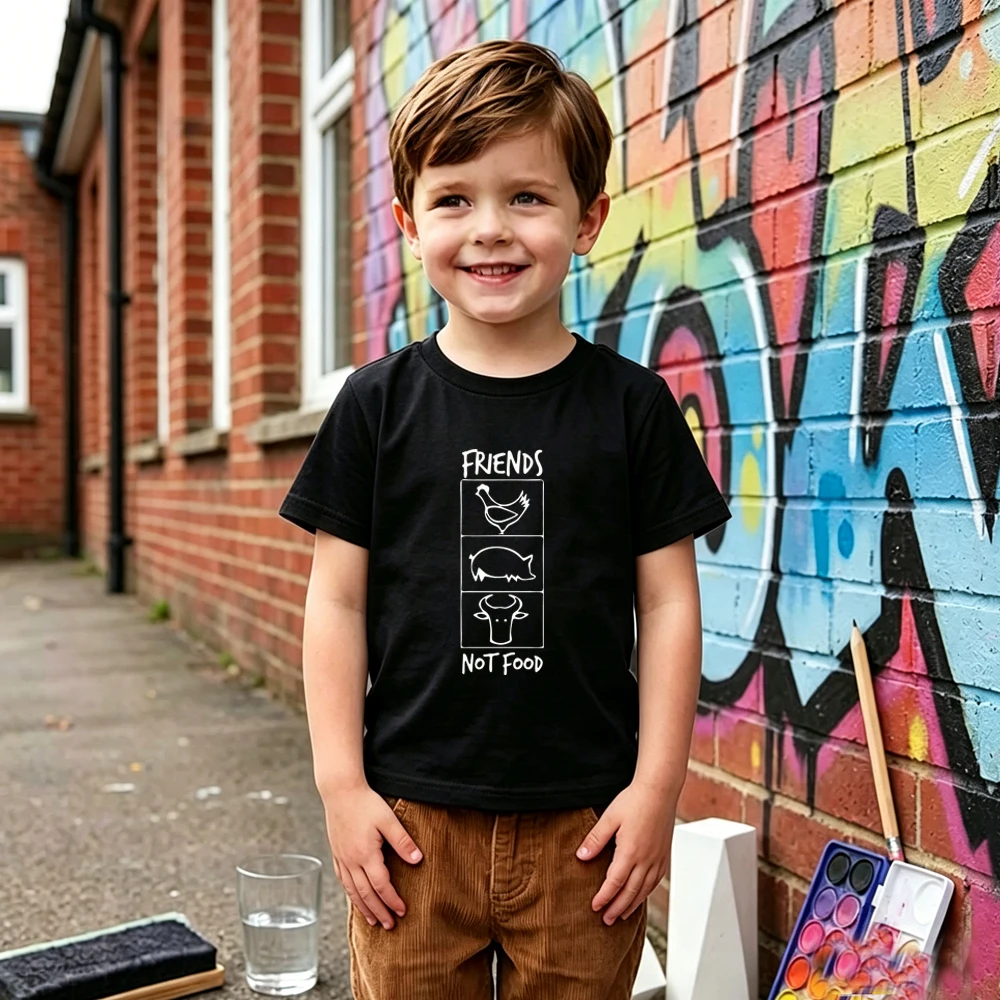 Friends Not Food Letter Print Kids T‑Shirt Soft Cotton Short Sleeve O‑Neck Tees Boys Girls Casual Tops For 2‑12Y Children