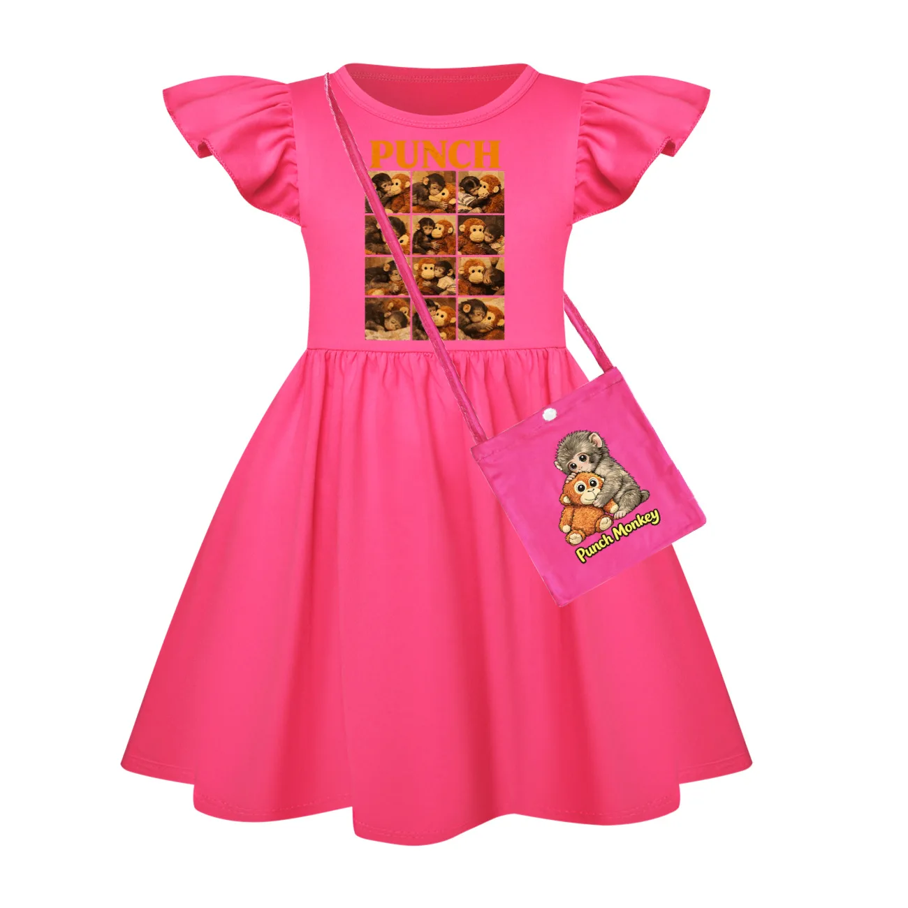 Anime Punch Monkey Baby Girls Summer Short Sleeve Dress Casual Children's Outfit with Bag Princess Style Vestidos