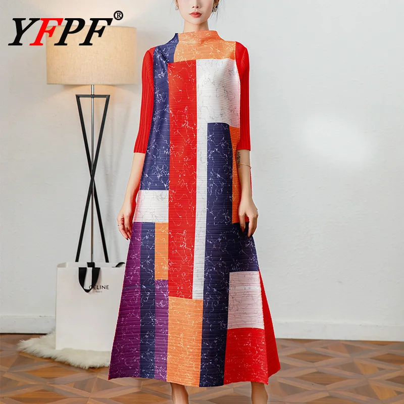 

YFPF Miyake Pleated Loose Long Dress Women Fashion Contrast Color Printing Casual Clothing Elegant 2025 New Clothing 3A432