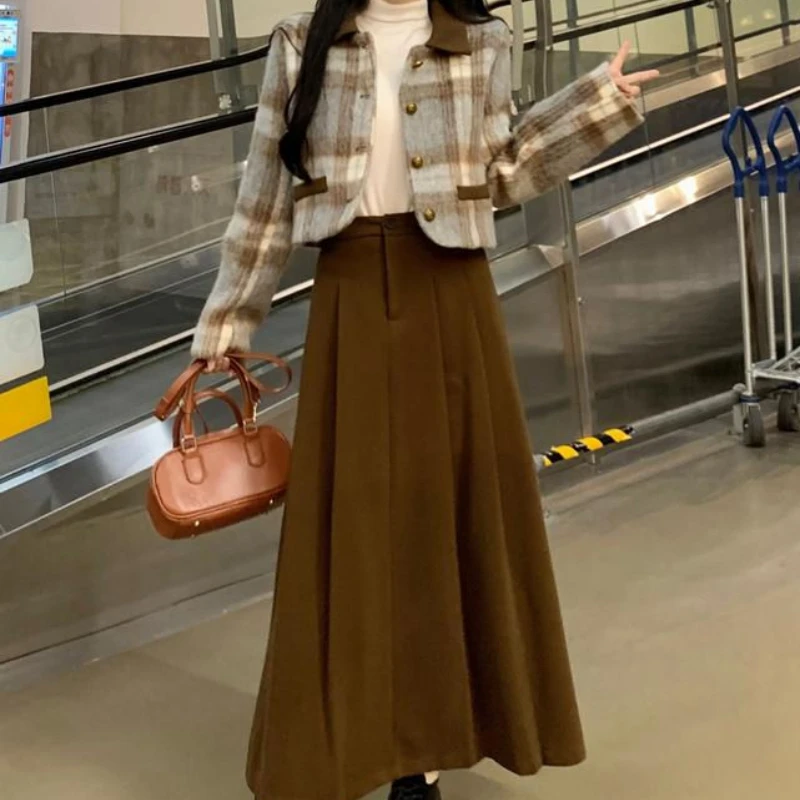 Autumn Winter New Fake Two Pieces Sets Women Plaid Coat Plus Velvet Thicken Solid High Waist Long Skirts Korean Fashion Suit