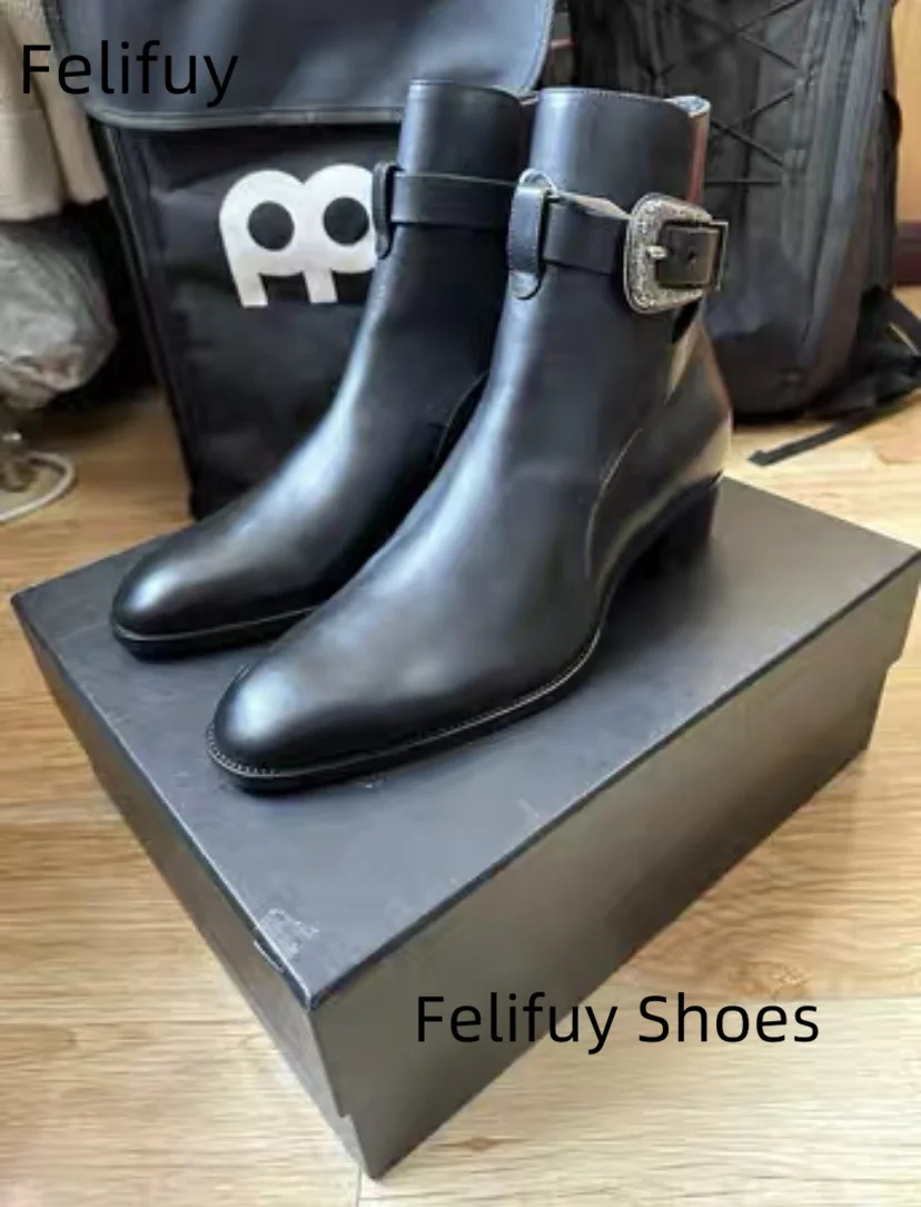 British Black Genuine Cow Belt Buckle Ankle Boots Man Square Heel Barber Boots Outdoor Shoes Male Vintage Boots ankle shoes