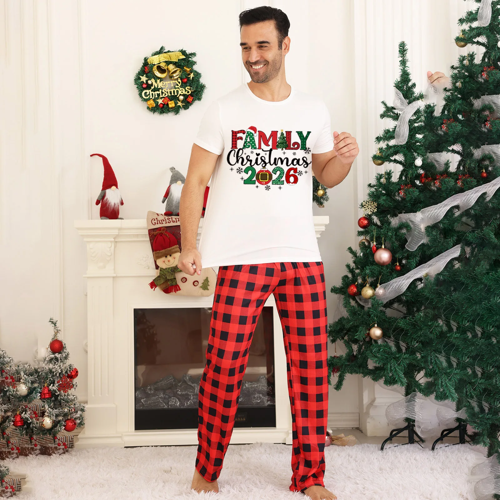 Merry Christmas 2026 Print Family Matching Pajamas Set Short Sleeve Top+Trousers 2Pcs Suit Homewear Xmas Look Adults Kids Pyjama