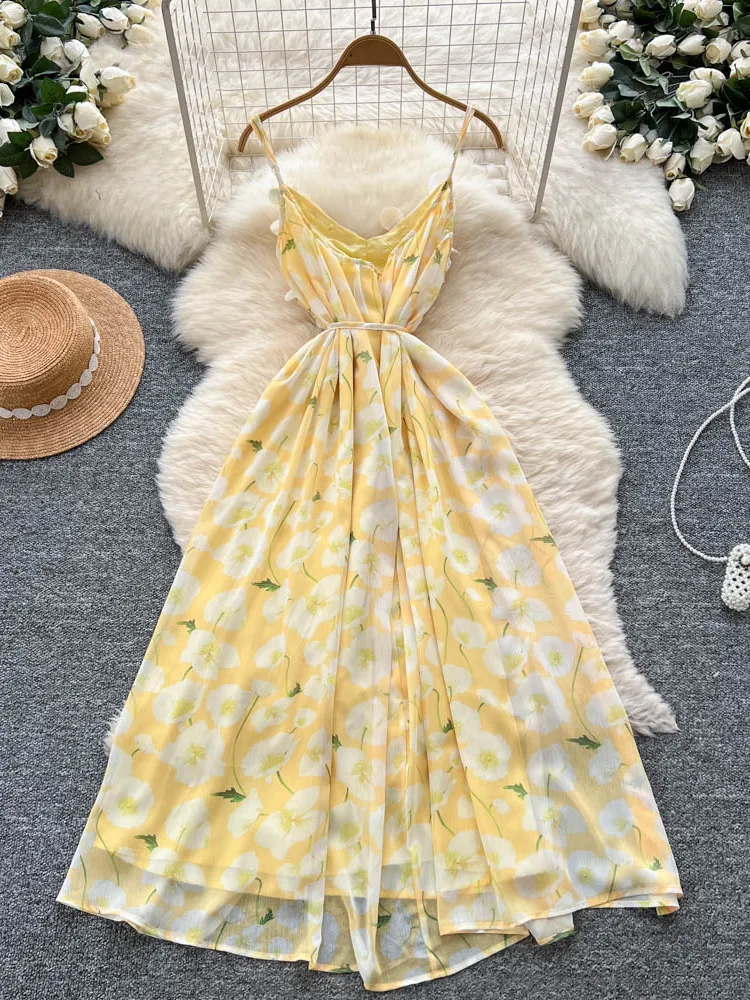 فستان خيالي لعطلة الصيف، فستان طويل بتصميم كوري، مزين بالخرز والزهور، مع حزام عند الخصر، تنورة على شكل حرف A، خصر مرتفع.