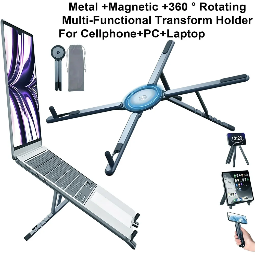 Magnetic Phone Tablet Laptop Stand 3 in 1 Foldable Adjustable Heat Dissipation Tripod Selfie Stick Holder Portable Bracket