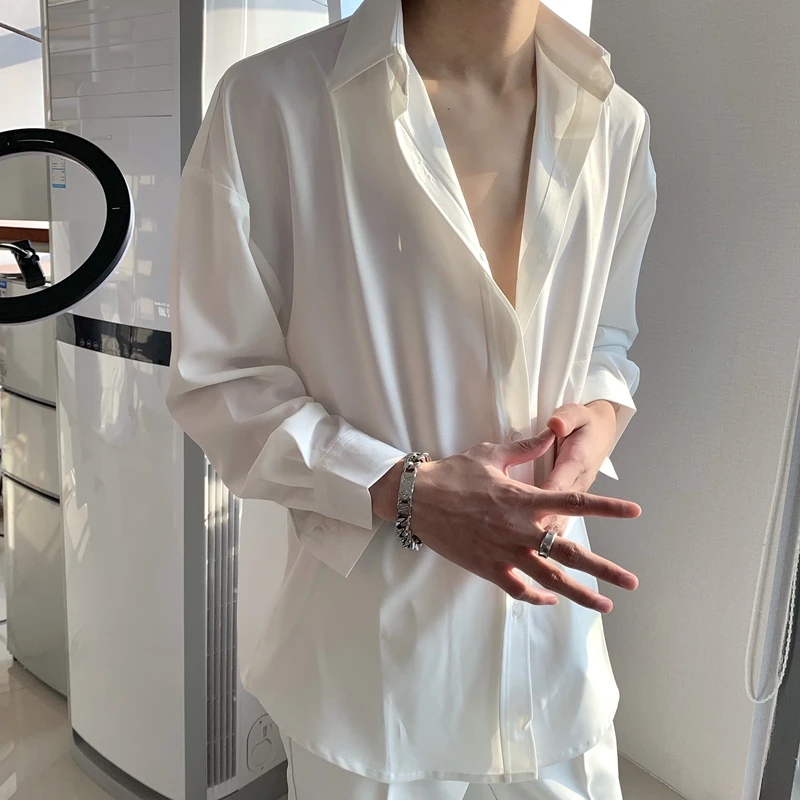Green Long Sleeve Silk Shirt Men's Loose Fit Iron Free Vintage Drapey White Cotton Poplin Button down Youthful Spring Fashion