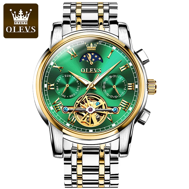 OLEVS Mens Watches Top Brand Luxury Gold Plated Men Green Water Ghost Mechanical Watch Watch Fashion Hollow Dial Waterproof 6617