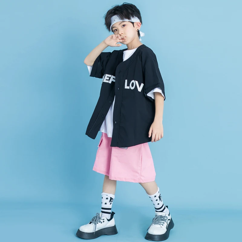 Kids Street Wear Hip Hop Clothing Balck Cardigan Baseball Shirt Tops Pink Cargo Shorts for Girl Boy Jazz Dance Costume Clothes