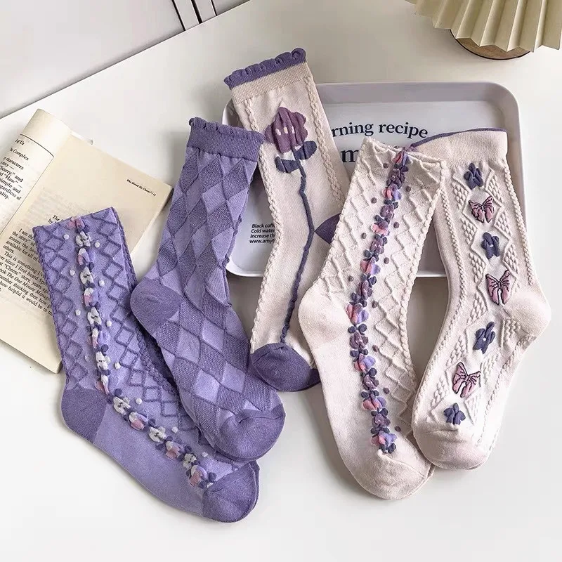 Fashion INS Harajuku Retro Woman Floral Vintage Purple Socks Ethnic Kawaii Cute Cotton Casual Breathable Ladies Girls Funny Sox