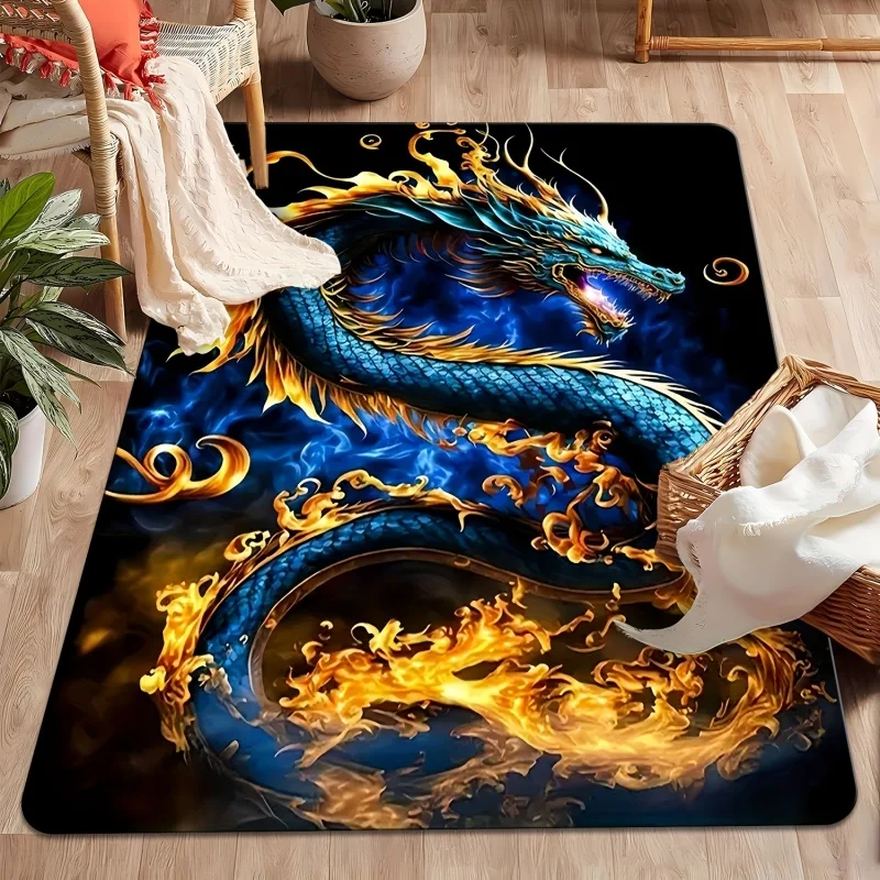 Blue Golden Chinese Dragon Flame Print Large Area Rug Soft Flannel Non Slip Floor Carpet for Living Room Bedroom Oriental Decor