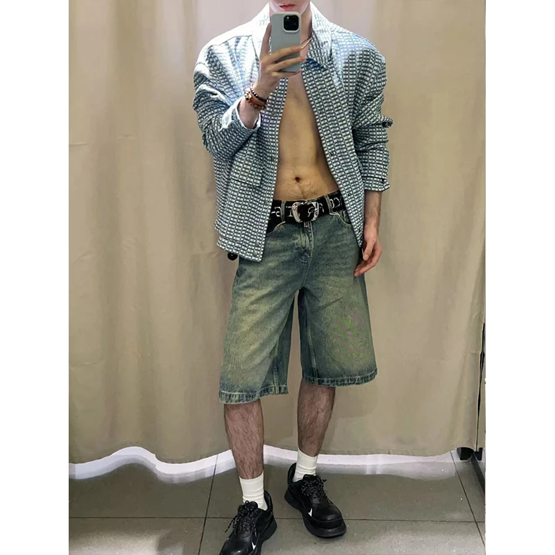 Retro Blue Denim Short Pants Men Summer Washed Straight Five-Point American High Street Vibe Trendy Shorts Youth Fashion