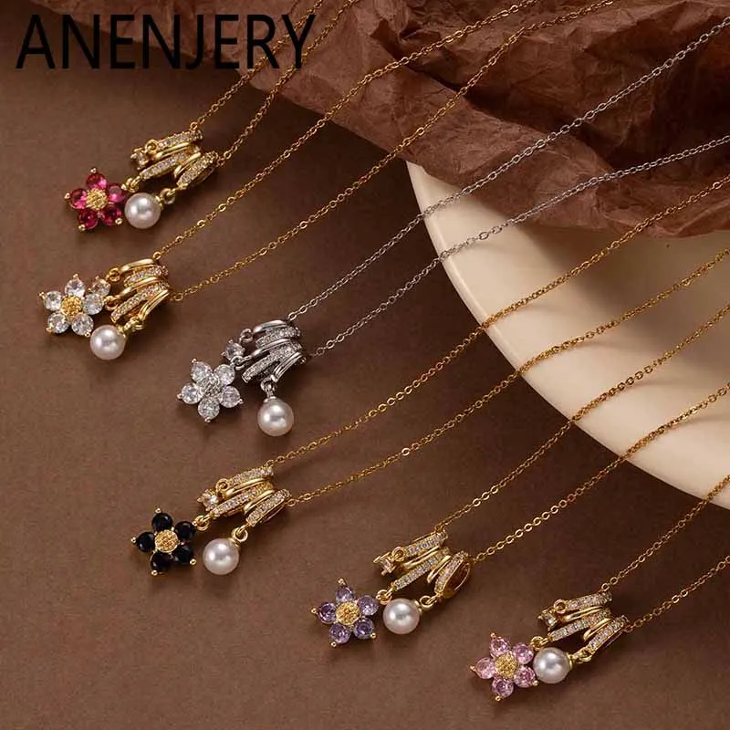 ANENJERY 316L Edelstahl Bunte Blume Zirkon Anhänger Halskette Für Frauen Mädchen Luxus Zarte Design Schmuck Großhandel