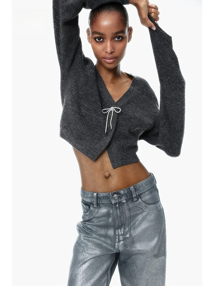 

Sli V-Ne Knitted Cardigan ort Sve Long irt Knot Ribbed Autumn Faion Women's H&M Knitted Sweater